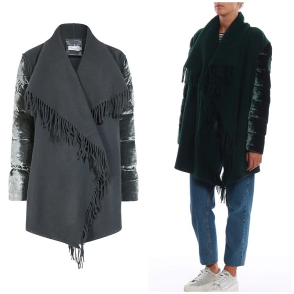 MONCLER Cape Poncho Fringe Velvet Sleeve Grey Jacket SZ L - Picture 1 of 13